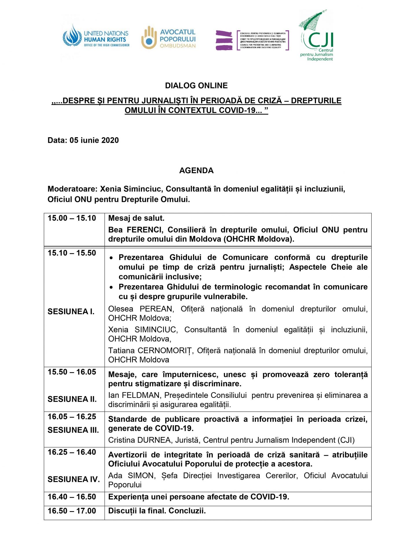 DIALOG ONLINE:  „…DESPRE ȘI PENTRU JURNALIȘTI ÎN PERIOADĂ DE CRIZĂ – DREPTURILE OMULUI ÎN CONTEXTUL COVID-19…”