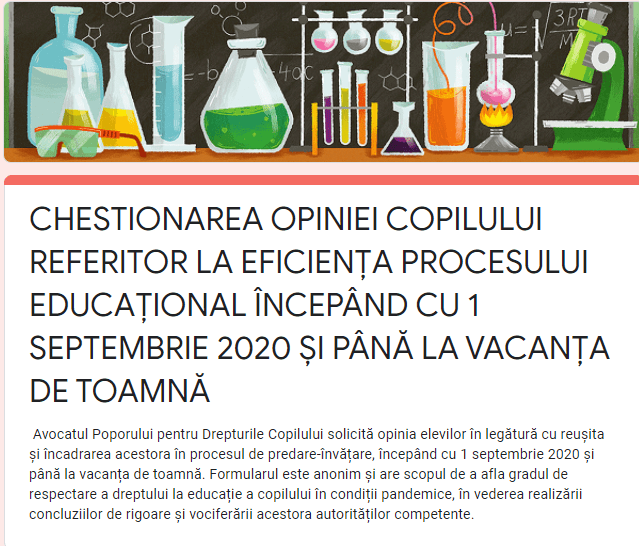 Lansarea Chestionarului de consultare a opiniei copiilor din Republica Moldova referitor la eficiența procesului educațional începând cu 1 septembrie 2020 și până la vacanța de toamnă