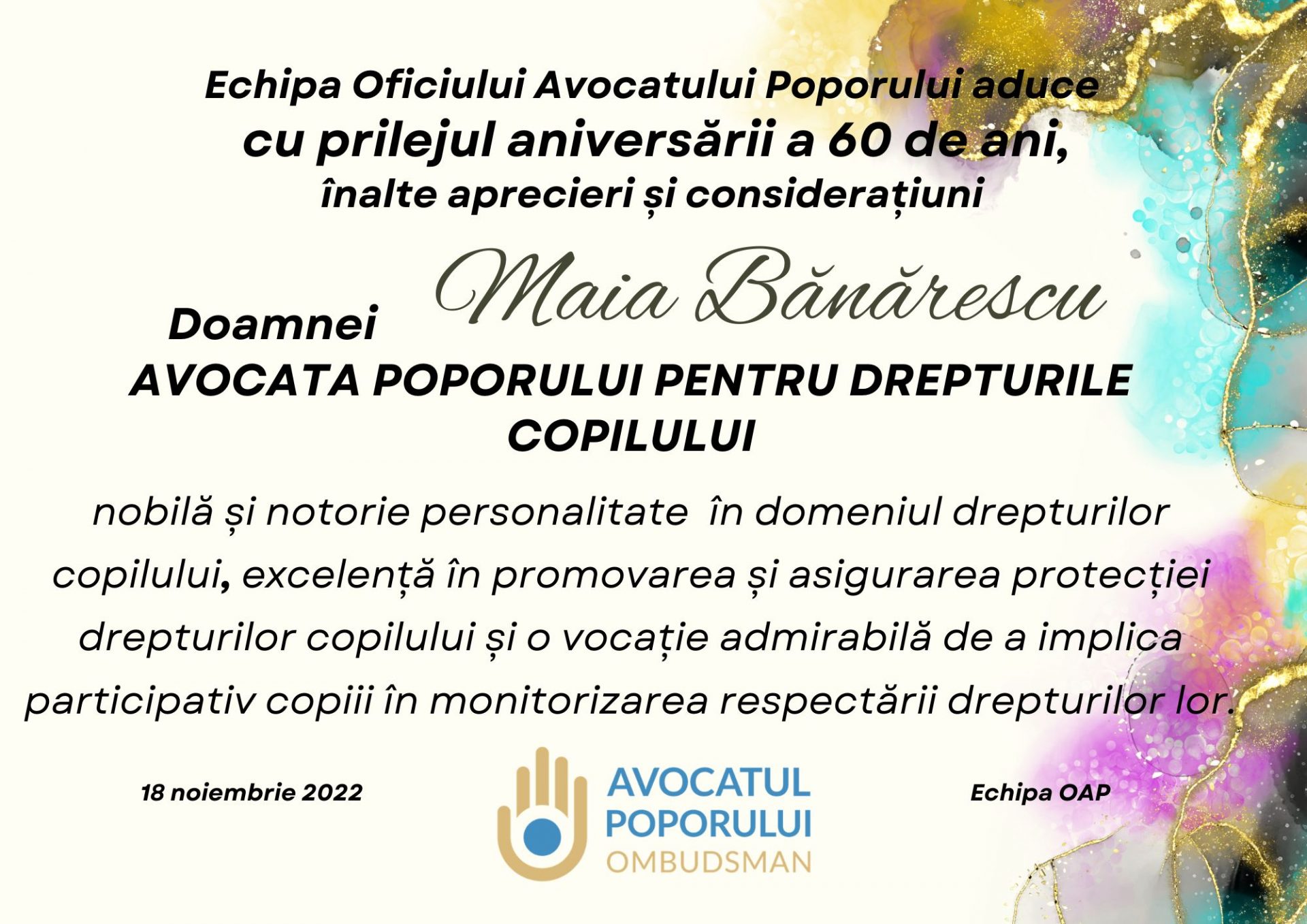 Mesaj de felicitare pentru Avocata Poporului pentru drepturile copilului